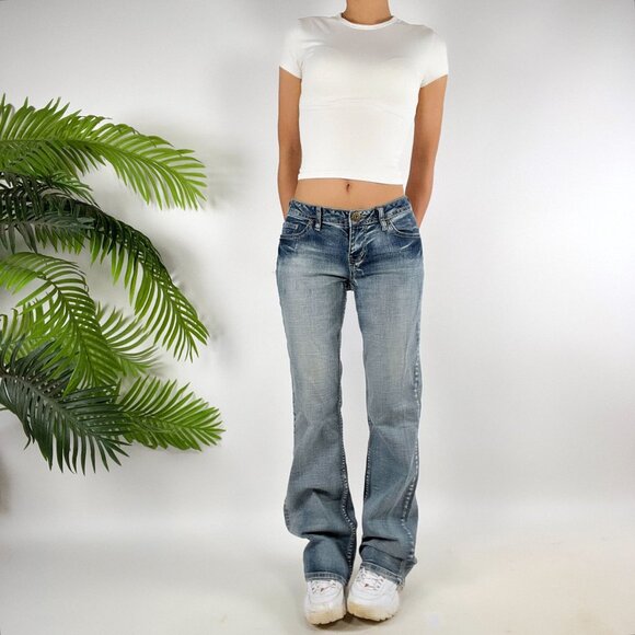 Women's Y2K Mudd Indie Grunge Low Rise Mid Wash Faded Denim Bootcut Jeans / 11 - Picture 1 of 7